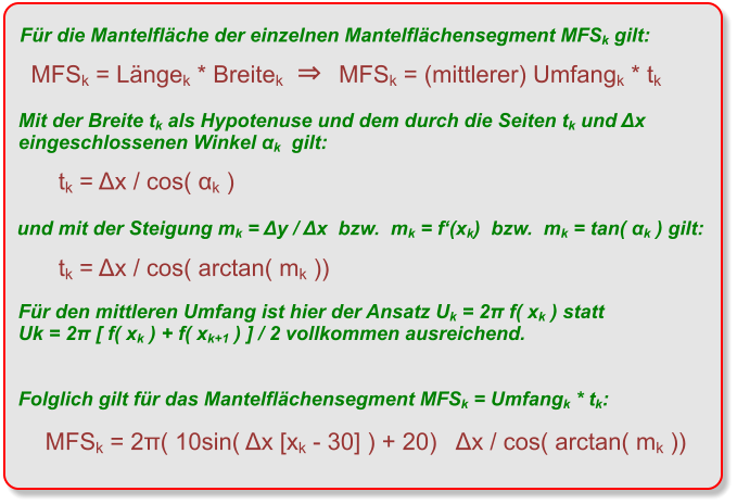 Für die Mantelfläche der einzelnen Mantelflächensegment MFSk gilt: Mit der Breite tk als Hypotenuse und dem durch die Seiten tk und Δx  eingeschlossenen Winkel αk  gilt:   MFSk = Längek * Breitek  ⇒  MFSk = (mittlerer) Umfangk * tk  und mit der Steigung mk = Δy / Δx  bzw.  mk = f‘(xk)  bzw.  mk = tan( αk ) gilt: tk = Δx / cos( αk )     tk = Δx / cos( arctan( mk ))  Für den mittleren Umfang ist hier der Ansatz Uk = 2π f( xk ) statt Uk = 2π [ f( xk ) + f( xk+1 ) ] / 2 vollkommen ausreichend.Folglich gilt für das Mantelflächensegment MFSk = Umfangk * tk:       MFSk = 2π( 10sin( Δx [xk - 30] ) + 20)   Δx / cos( arctan( mk ))