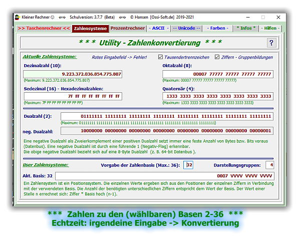 ***  Zahlen zu den (wählbaren) Basen 2-36  *** Echtzeit: irgendeine Eingabe -> Konvertierung