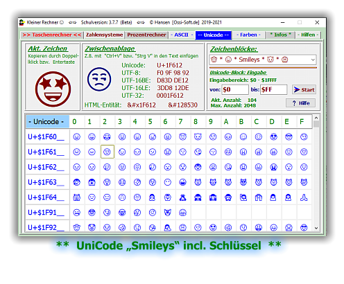 **  UniCode „Smileys“ incl. Schlüssel  **