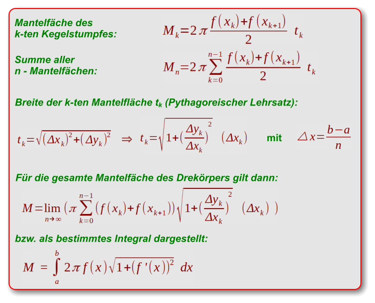 Mantelfäche des k-ten Kegelstumpfes: Summe aller n - Mantelfächen: Breite der k-ten Mantelfläche tk (Pythagoreischer Lehrsatz): Für die gesamte Mantelfäche des Drekörpers gilt dann: ⇒ mit bzw. als bestimmtes Integral dargestellt: